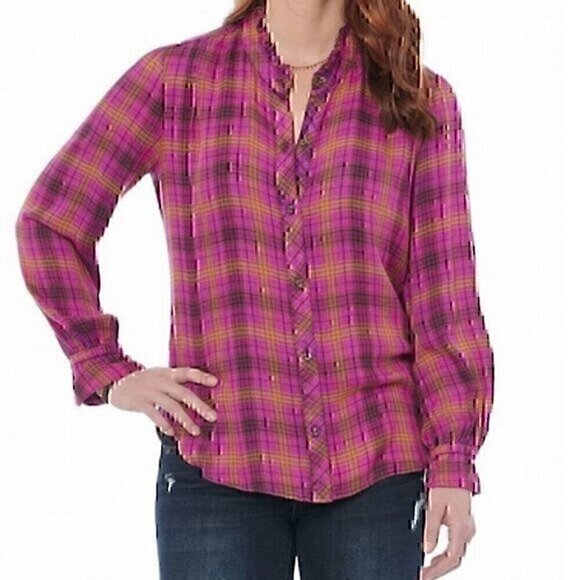 NEW NWT DEMOCRACY Long Sleeve Ruffle Neckband Plaid Button Down Shirt Purple S - Picture 1 of 13